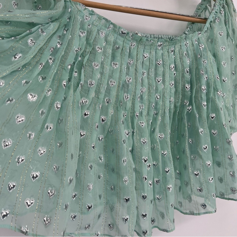 For Love & Lemons Mint Jana Blouse‎ Cropped Flowy Heart Print Tie Shoulders - Picture 7 of 13